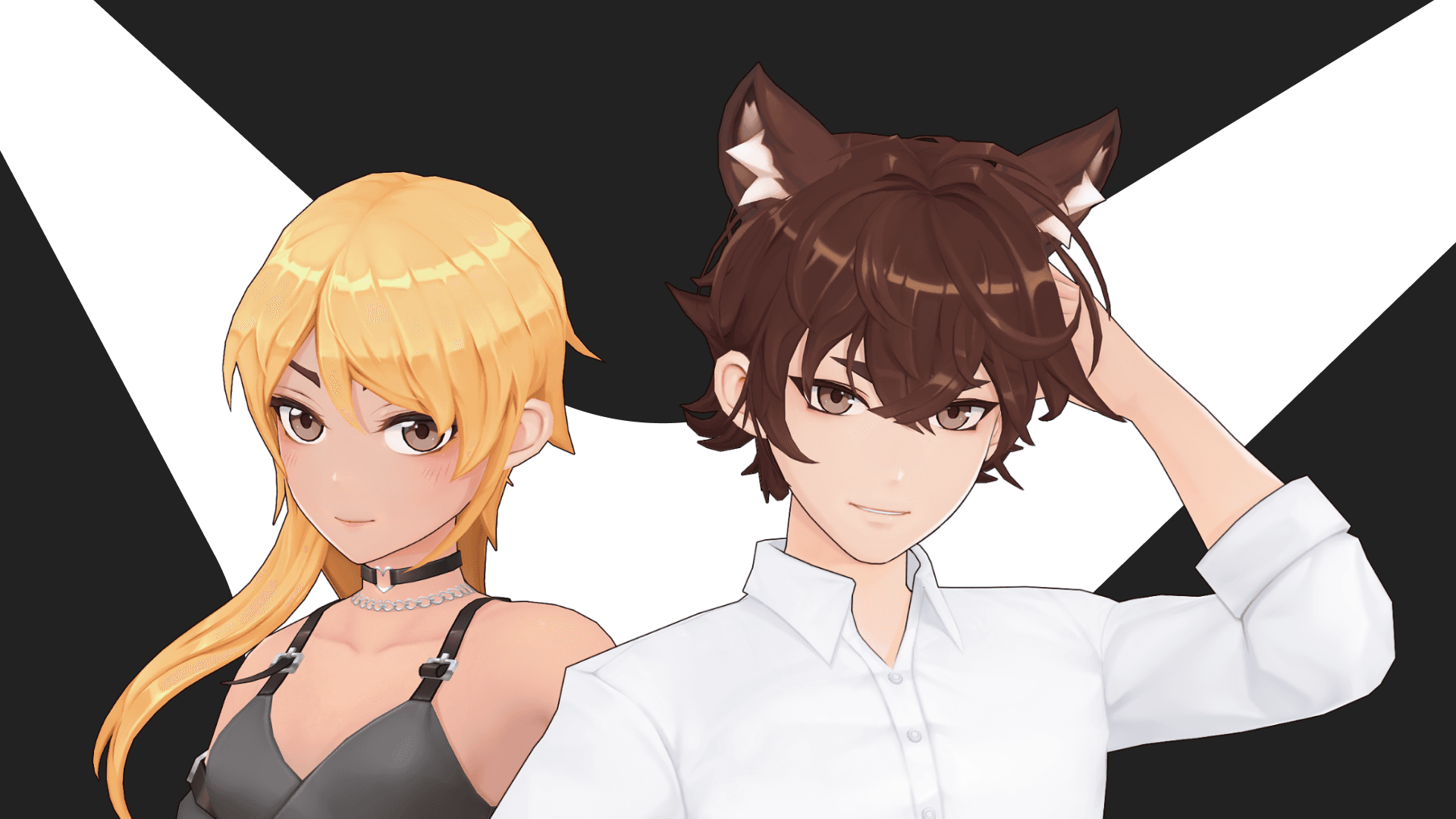 Two AI avatars looking at camera, AI characters, blonde hair, wolf boy