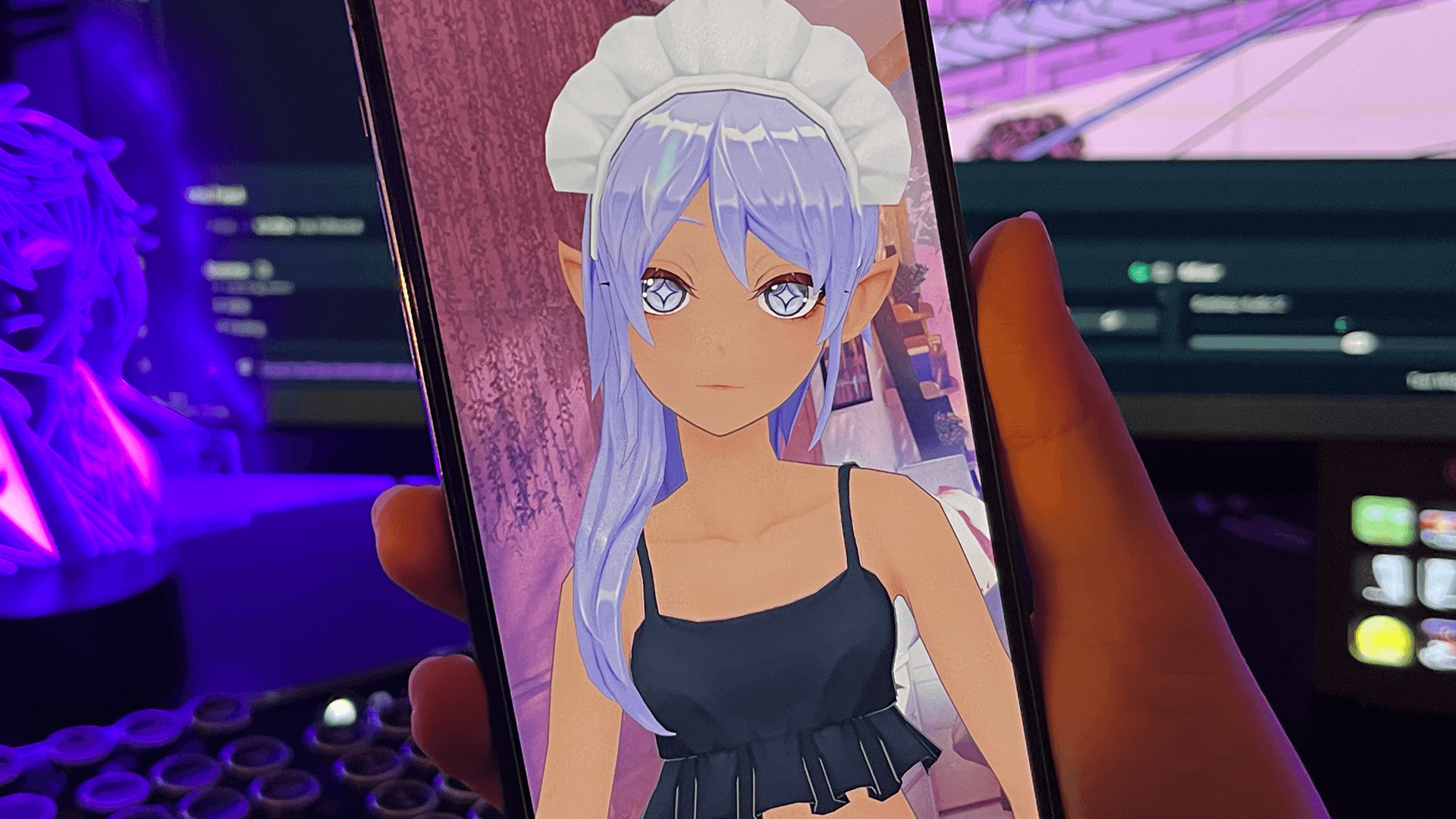 A purple hair vtuber on a mobile device Hyper Online