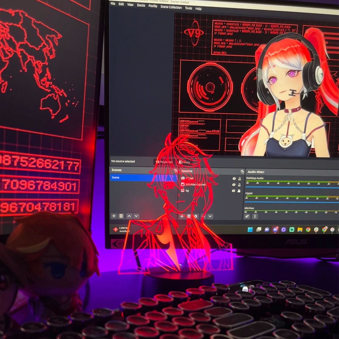 A red hair vtuber streaming with OBS and Hyper