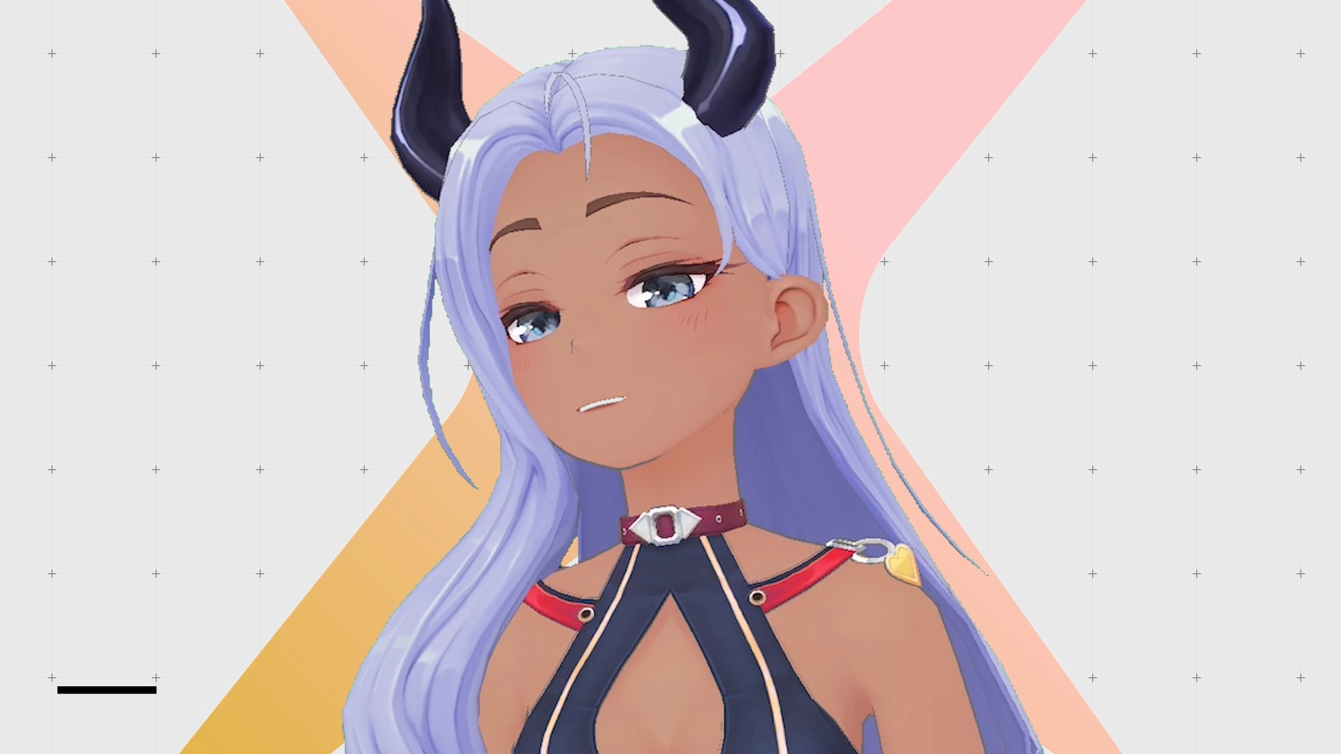 A Vtuber with purple hair on a peach pink colored background