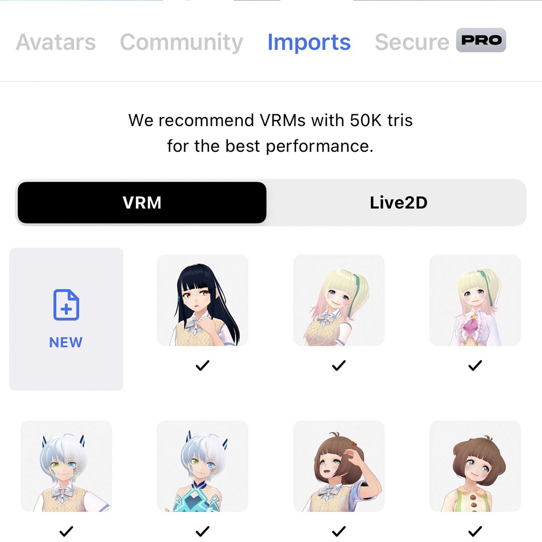 A character selector screen with vtubers and avatars