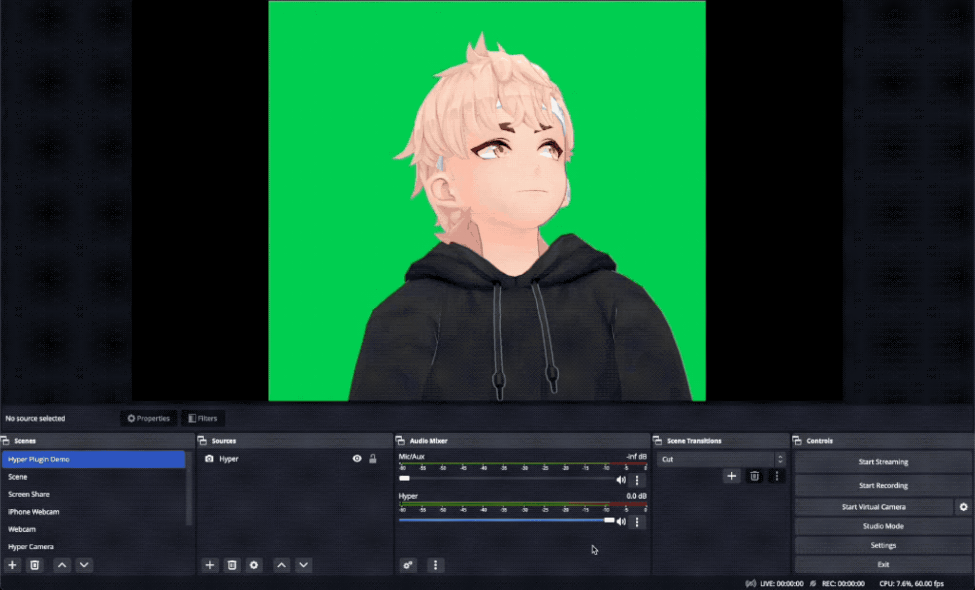 A screencapture of OBS set up with vtuber on greenscreen