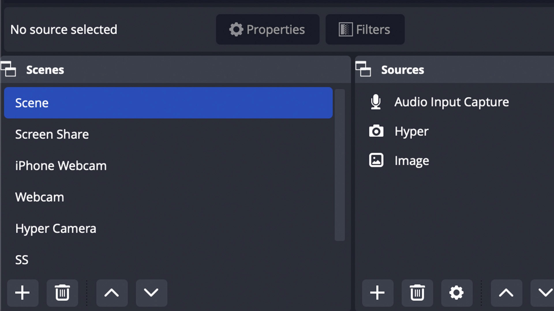 A close up of the OBS layout with scene and sources highlighted
